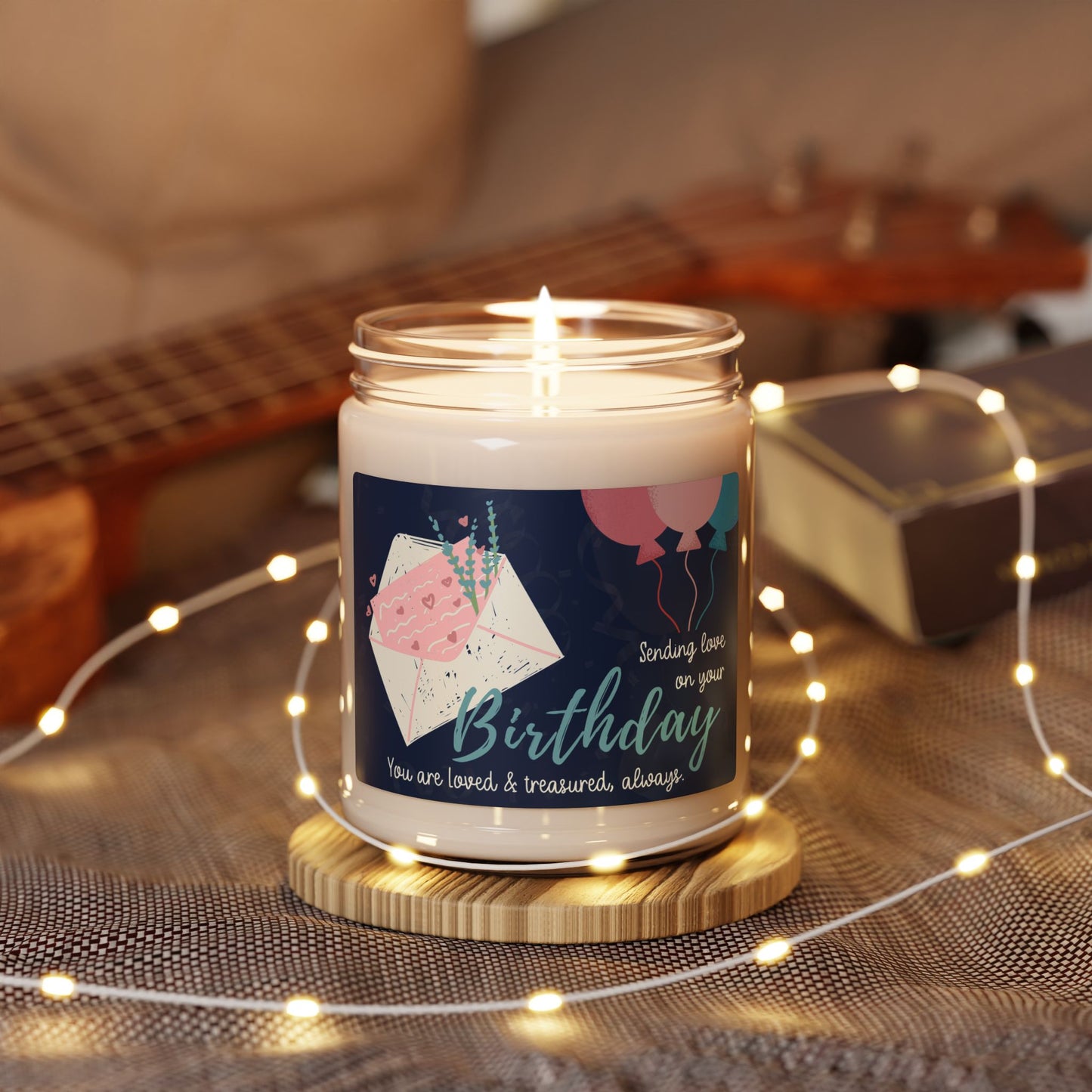 Floral Envelope w/Balloons, Sending Love on your Birthday—Memorial Baby Birthday (9 oz soy candle)