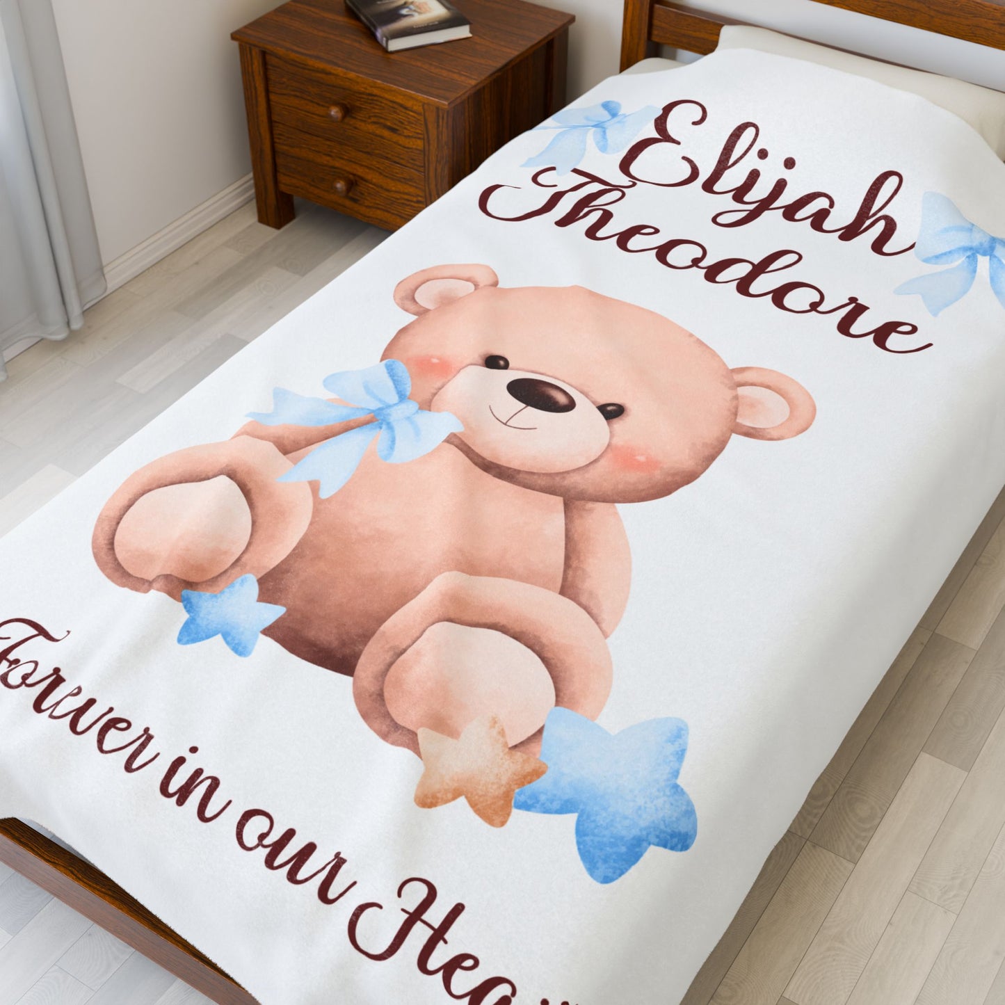 Teddy Bear Forever in our Hearts, Personalizable w/Name—Baby Loss Remembrance (minky velveteen blanket)