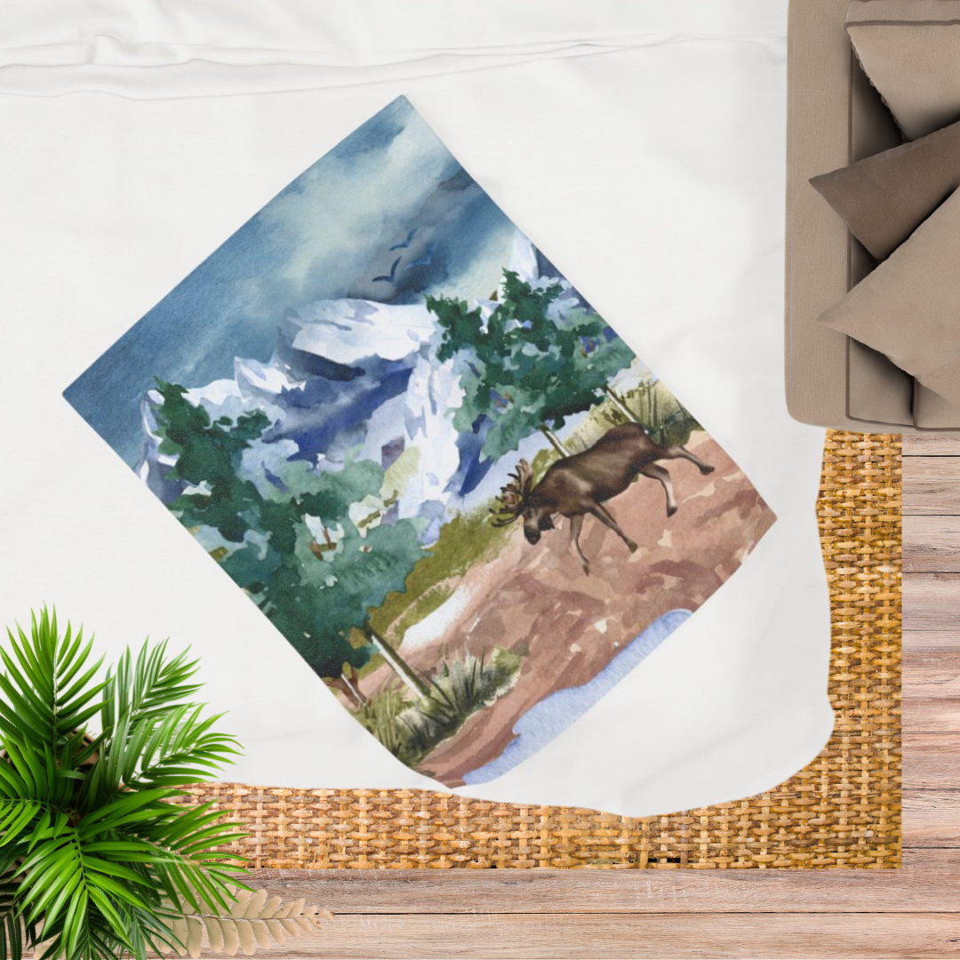 Moose in the Mountains—Nature Scenery (minky velveteen blanket)