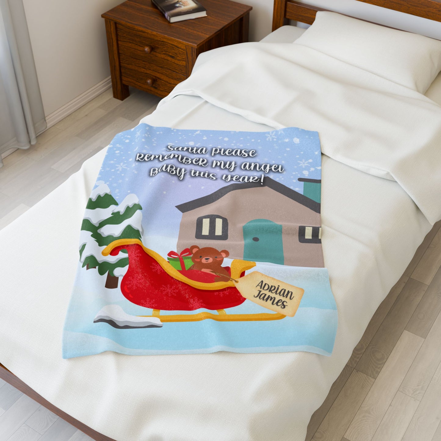Santa please remember my angel baby w/Sleigh, Personalizable w/Name—Baby Loss Remembrance (minky velveteen blanket)