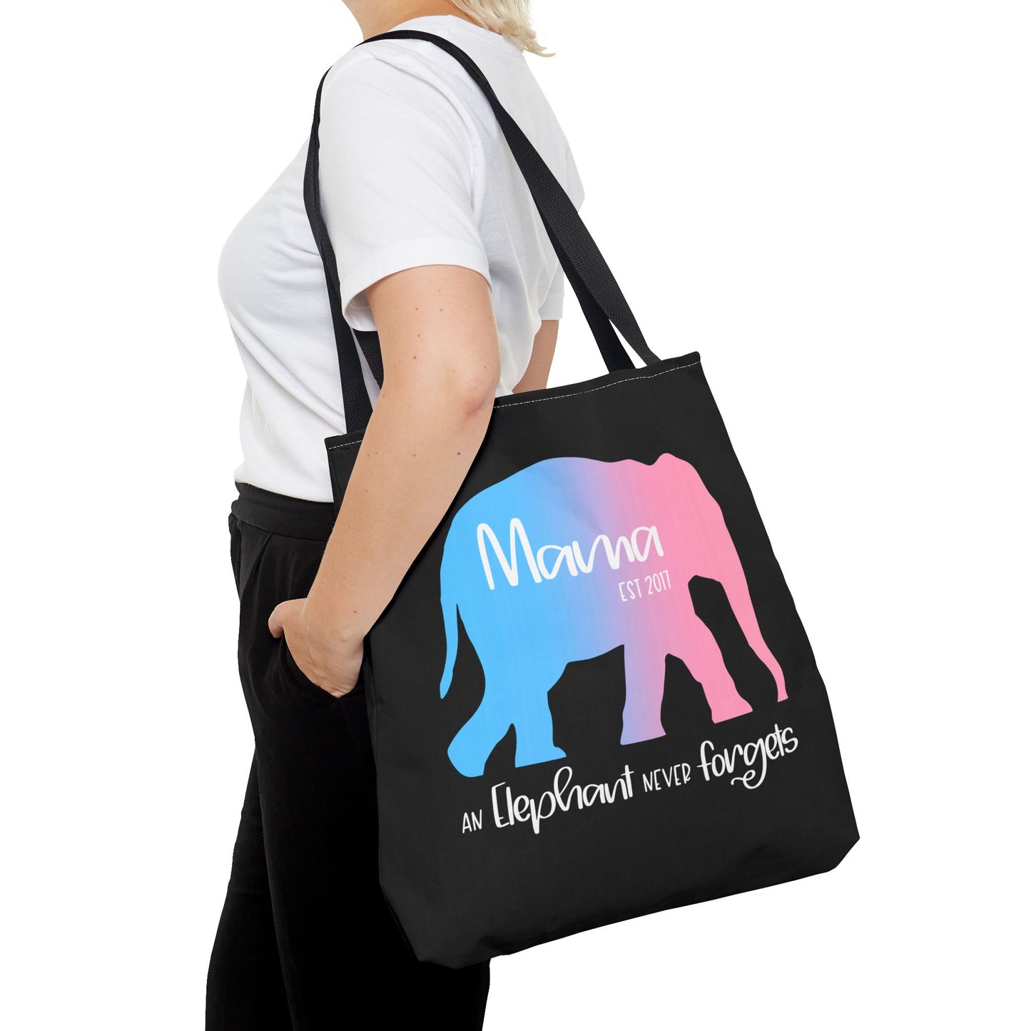 Mama/Papa Est Year Elephant Never Forgets—Baby Loss Remembrance (poly tote bag)