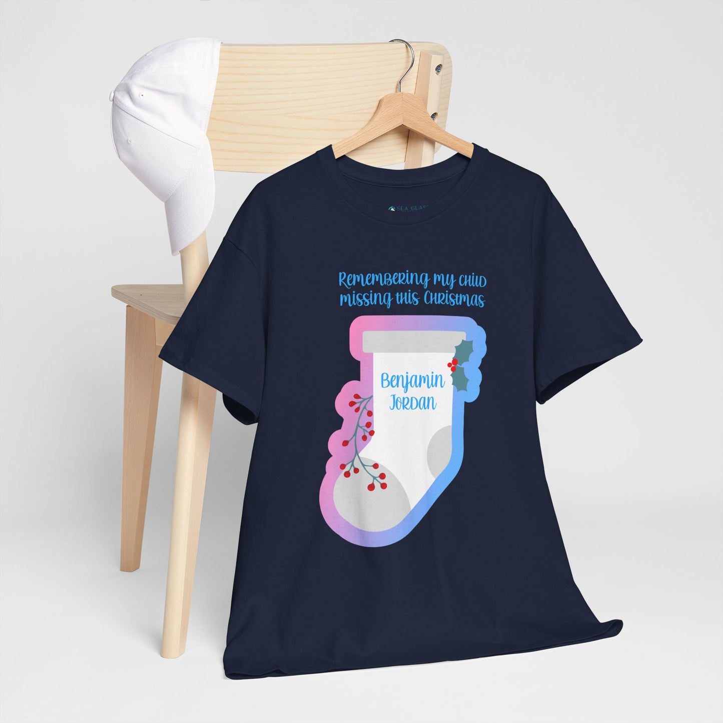 White Stocking Remembering my Child this Christmas; Personalize w/Name—Baby Loss Remembrance (unisex t-shirt)