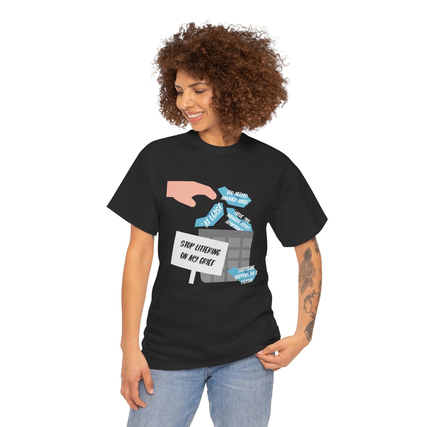 Platitudes in the Trash, Stop Littering on my Grief—Grief Awareness and Education (unisex t-shirt)