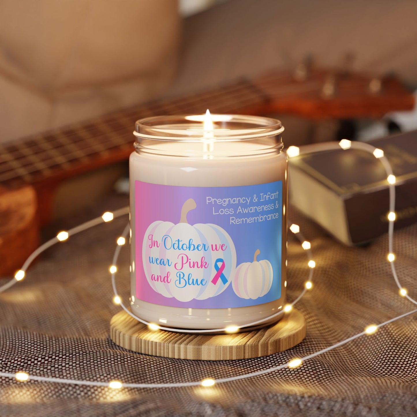 White Pumpkin In October we Wear Pink and Blue; Personalizable w/Name—Pregnancy and Infant Loss Awareness and Remembrance (9 oz soy candle)