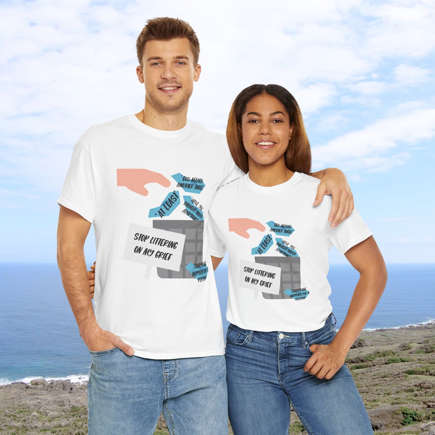 Platitudes in the Trash, Stop Littering on my Grief—Grief Awareness and Education (unisex t-shirt)