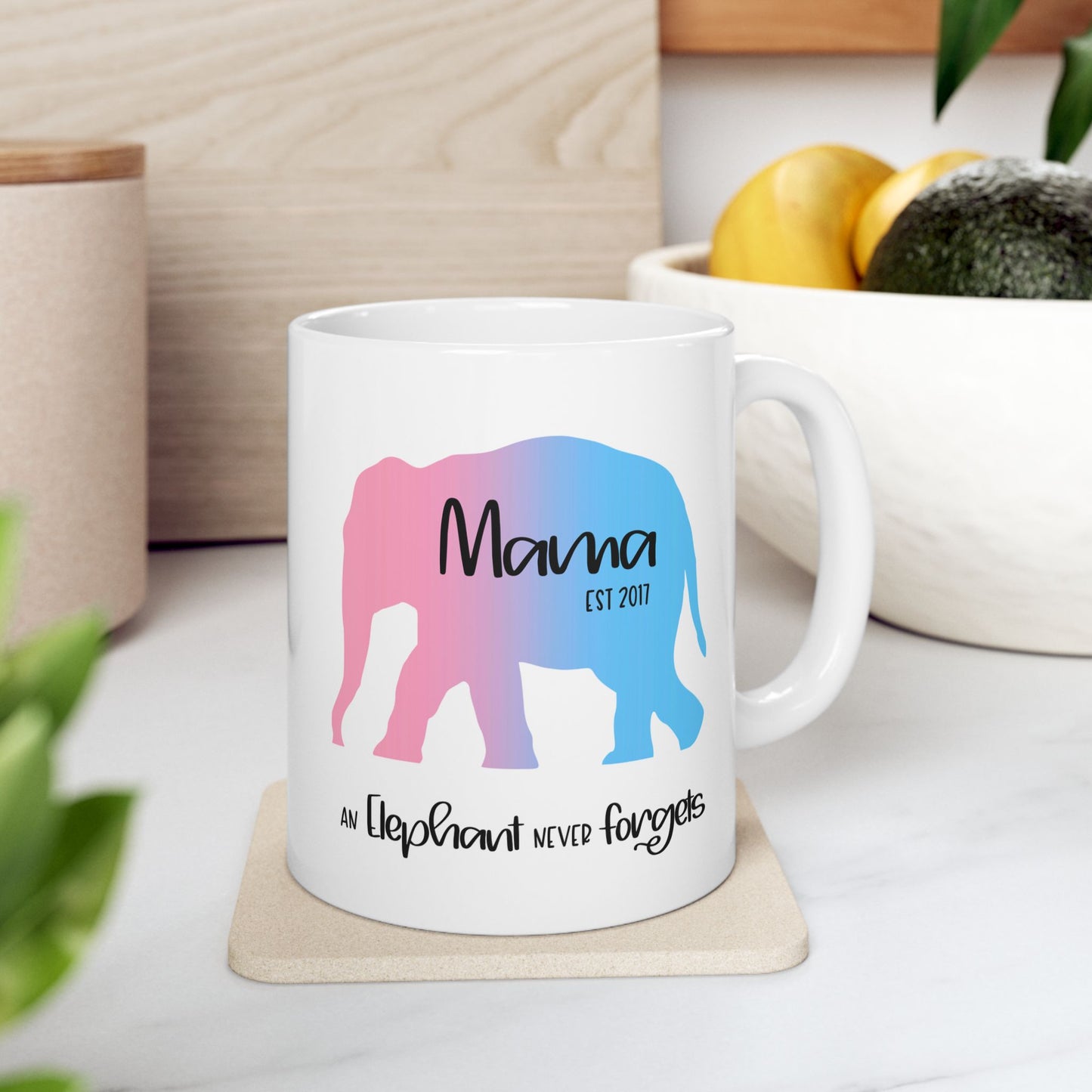 Mama/Papa Est Year Elephant Never Forgets—Baby Loss Remembrance (ceramic coffee mug)
