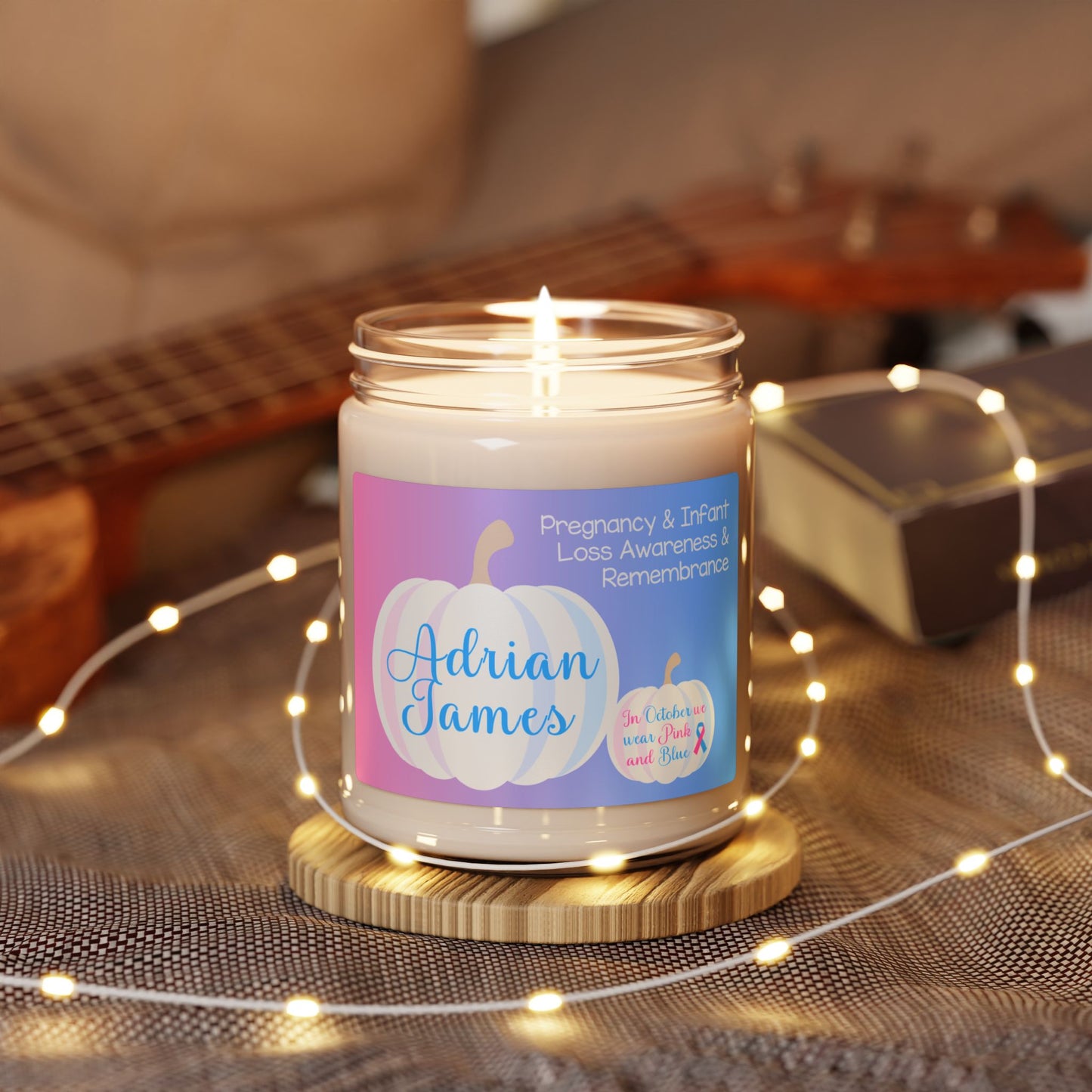 White Pumpkin In October we Wear Pink and Blue; Personalizable w/Name—Pregnancy and Infant Loss Awareness and Remembrance (9 oz soy candle)