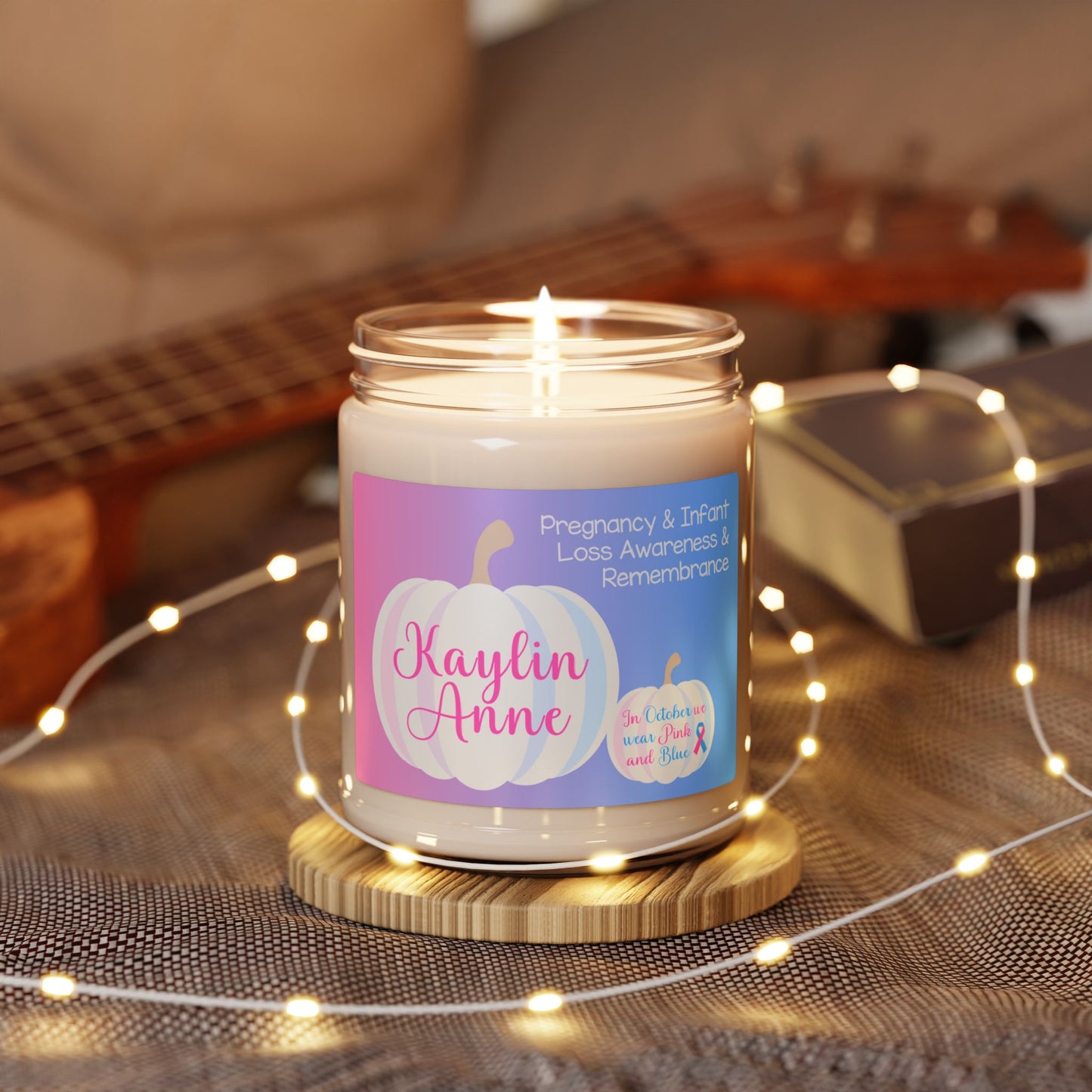 White Pumpkin In October we Wear Pink and Blue; Personalizable w/Name—Pregnancy and Infant Loss Awareness and Remembrance (9 oz soy candle)