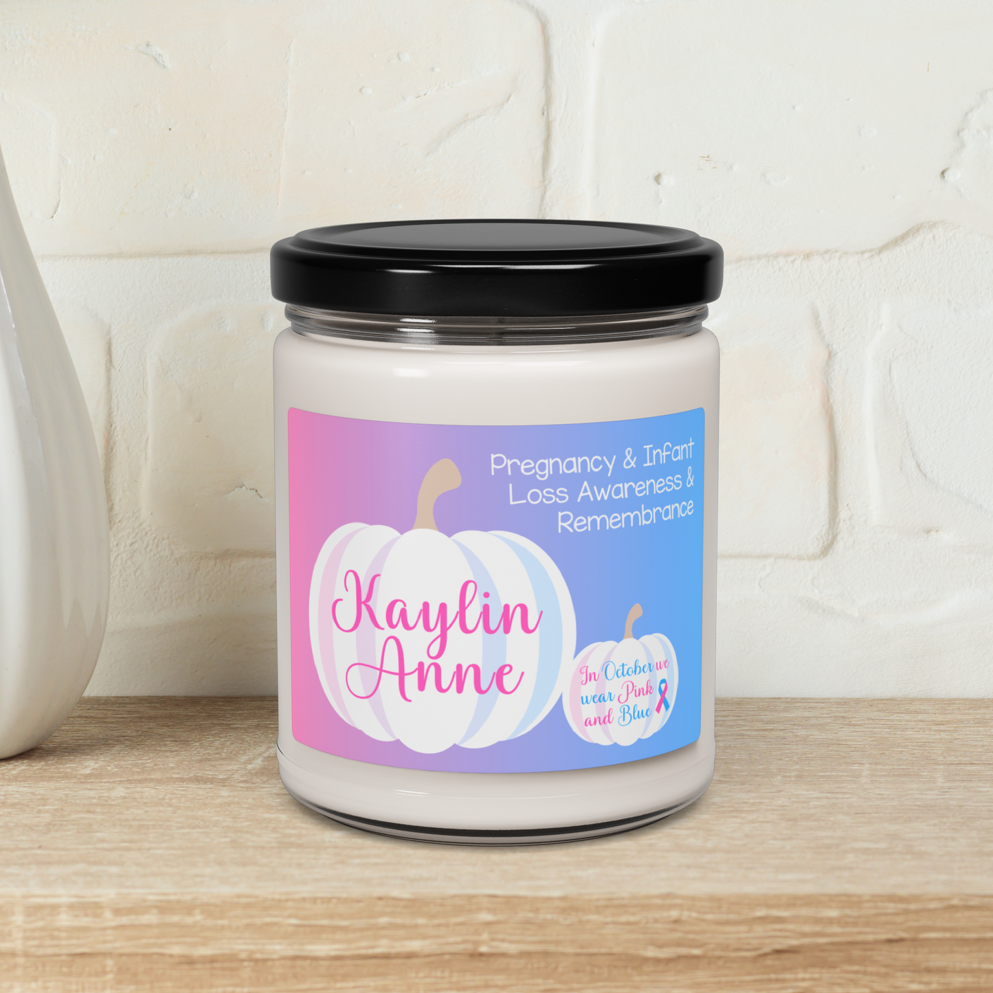 White Pumpkin In October we Wear Pink and Blue; Personalizable w/Name—Pregnancy and Infant Loss Awareness and Remembrance (9 oz soy candle)