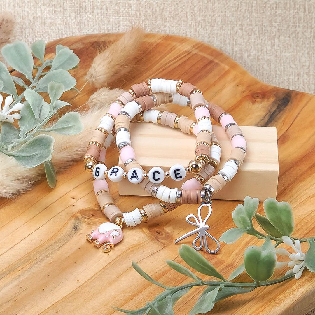 Earth-Toned Heishi Bead Bracelets, Personalized w/Affirmation or Charm—Mental Health Support (affirmation jewelry)