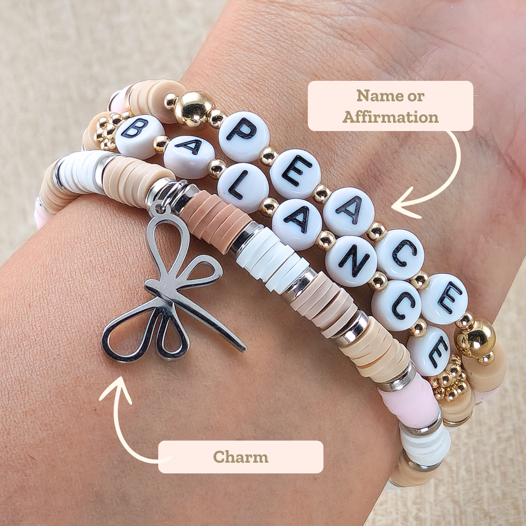 Earth-Toned Heishi Bead Bracelets, Personalized w/Affirmation or Charm—Mental Health Support (affirmation jewelry)