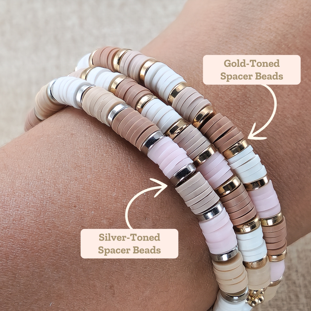 Earth-Toned Heishi Bead Bracelets, Personalized w/Affirmation or Charm—Mental Health Support (affirmation jewelry)