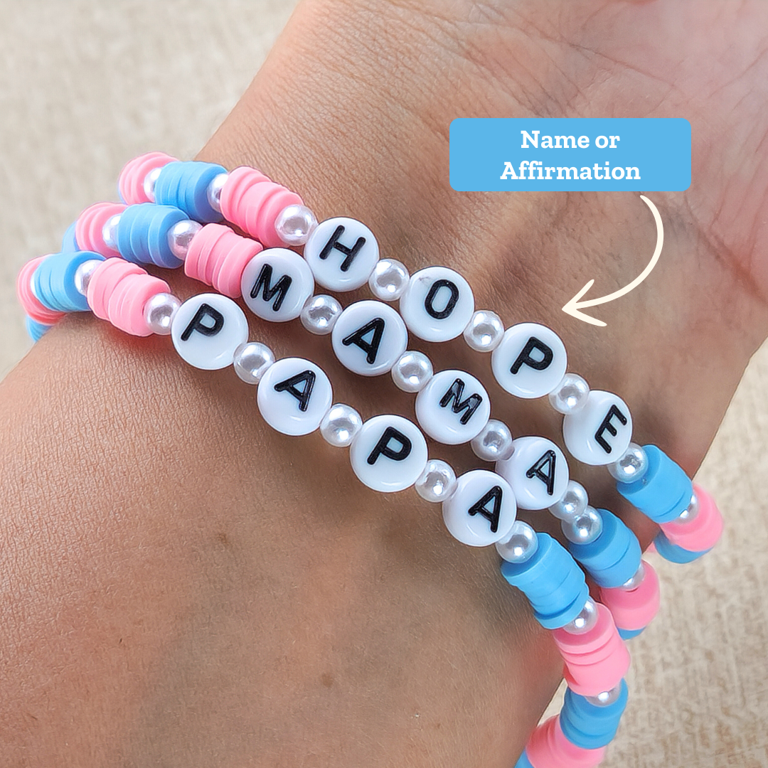 Pink and Blue Heishi Bead Bracelets, Personalized w/Child's Name, Affirmation, or Charm—Baby Loss Awareness & Remembrance (awareness jewelry)