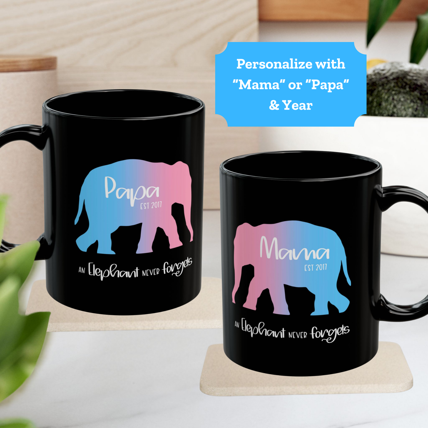 Mama/Papa Est Year Elephant Never Forgets—Baby Loss Remembrance (ceramic coffee mug)