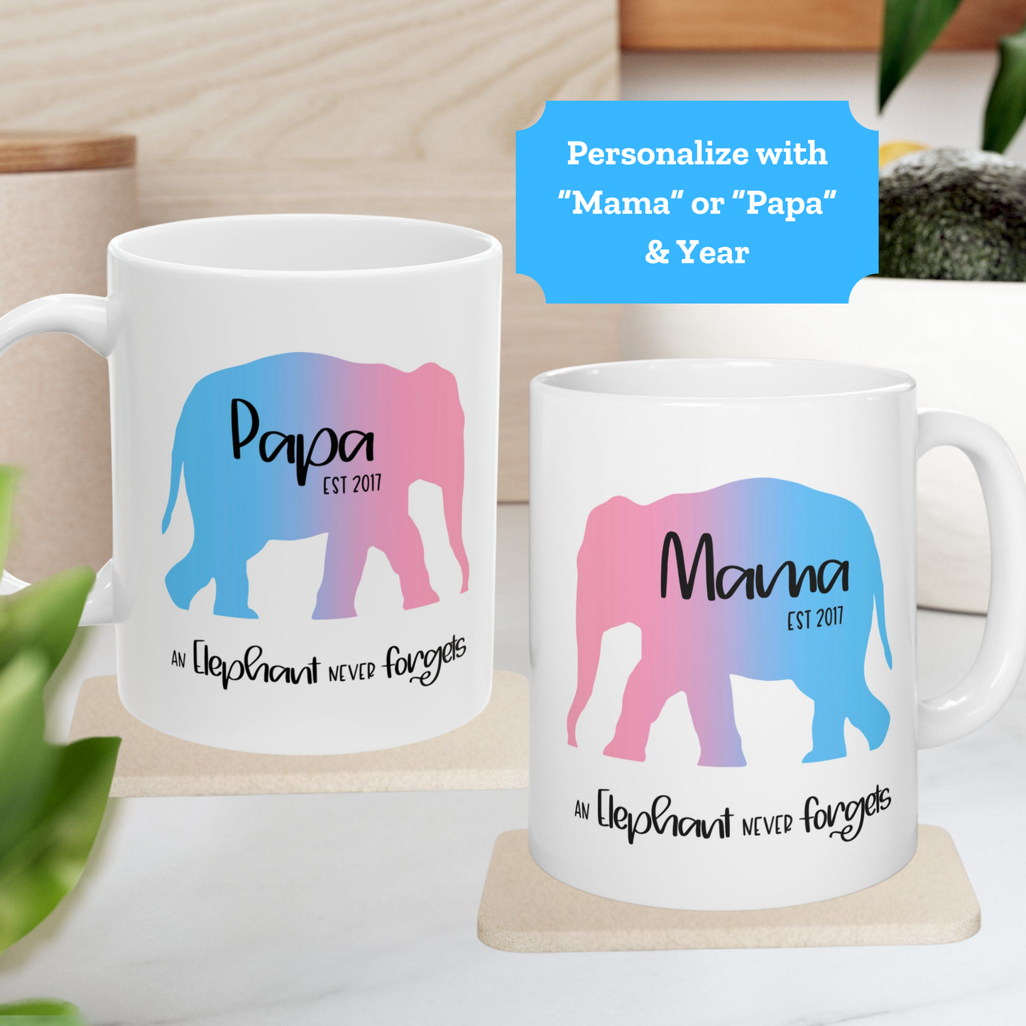 Mama/Papa Est Year Elephant Never Forgets—Baby Loss Remembrance (ceramic coffee mug)