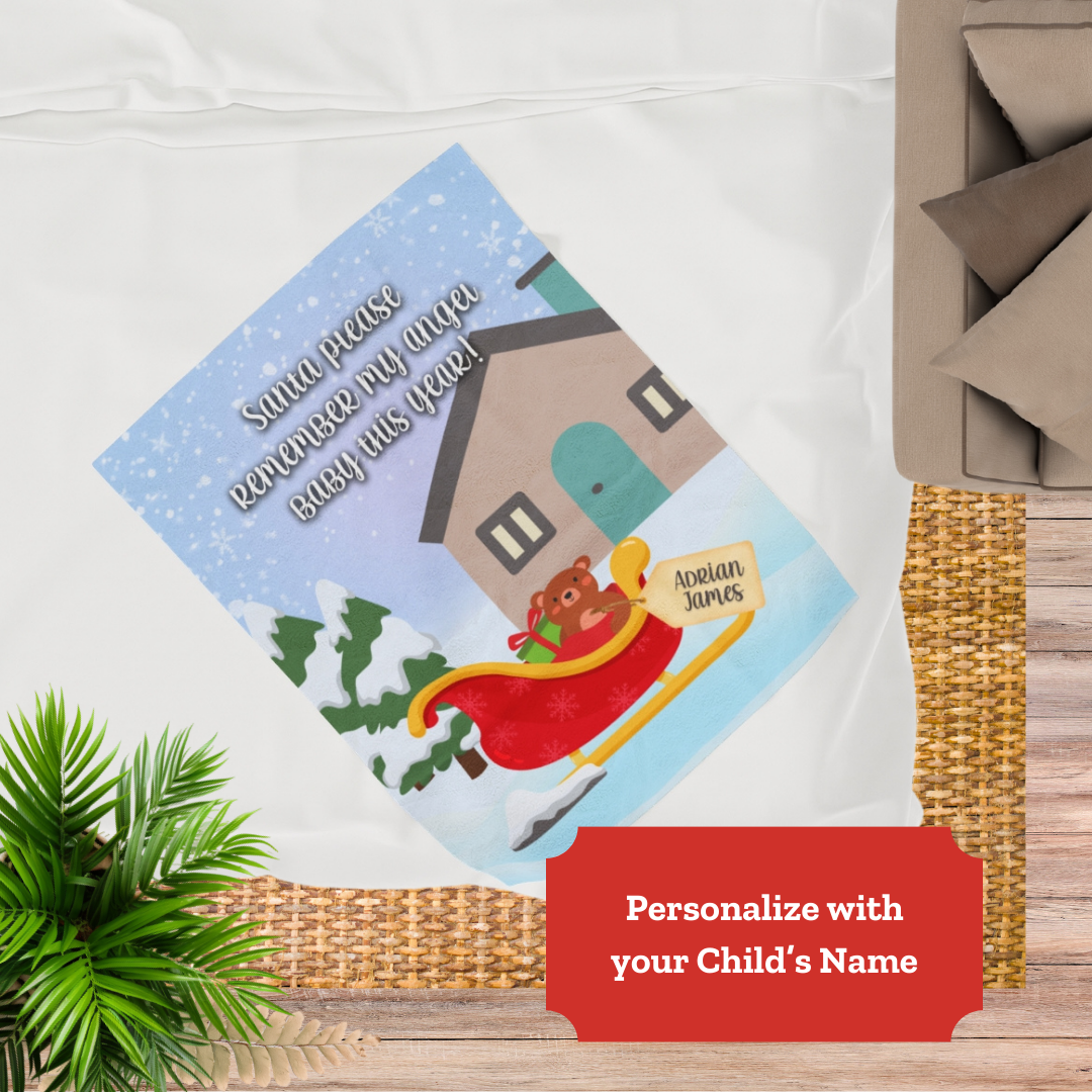 Santa please remember my angel baby w/Sleigh, Personalizable w/Name—Baby Loss Remembrance (minky velveteen blanket)