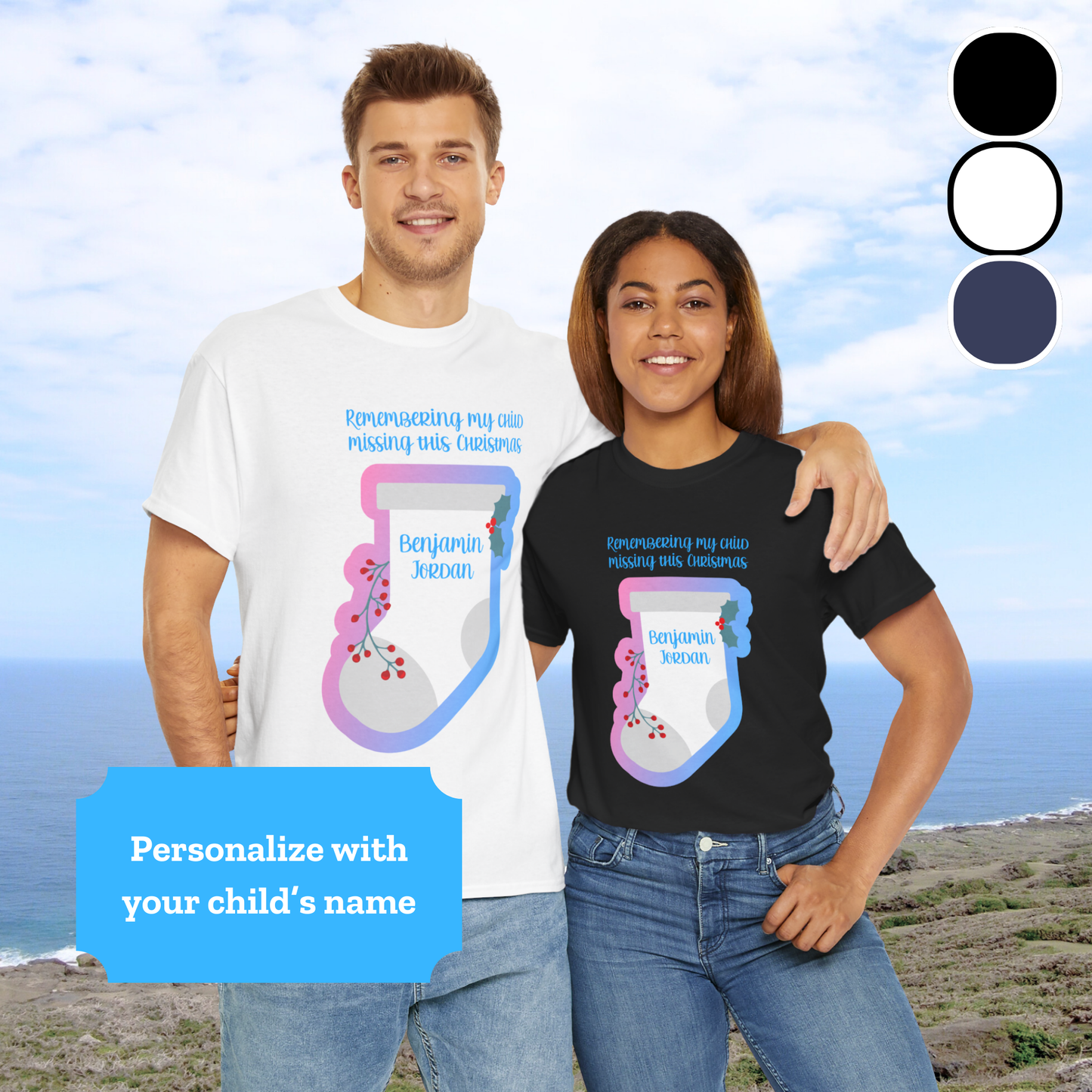 White Stocking Remembering my Child this Christmas; Personalize w/Name—Baby Loss Remembrance (unisex t-shirt)