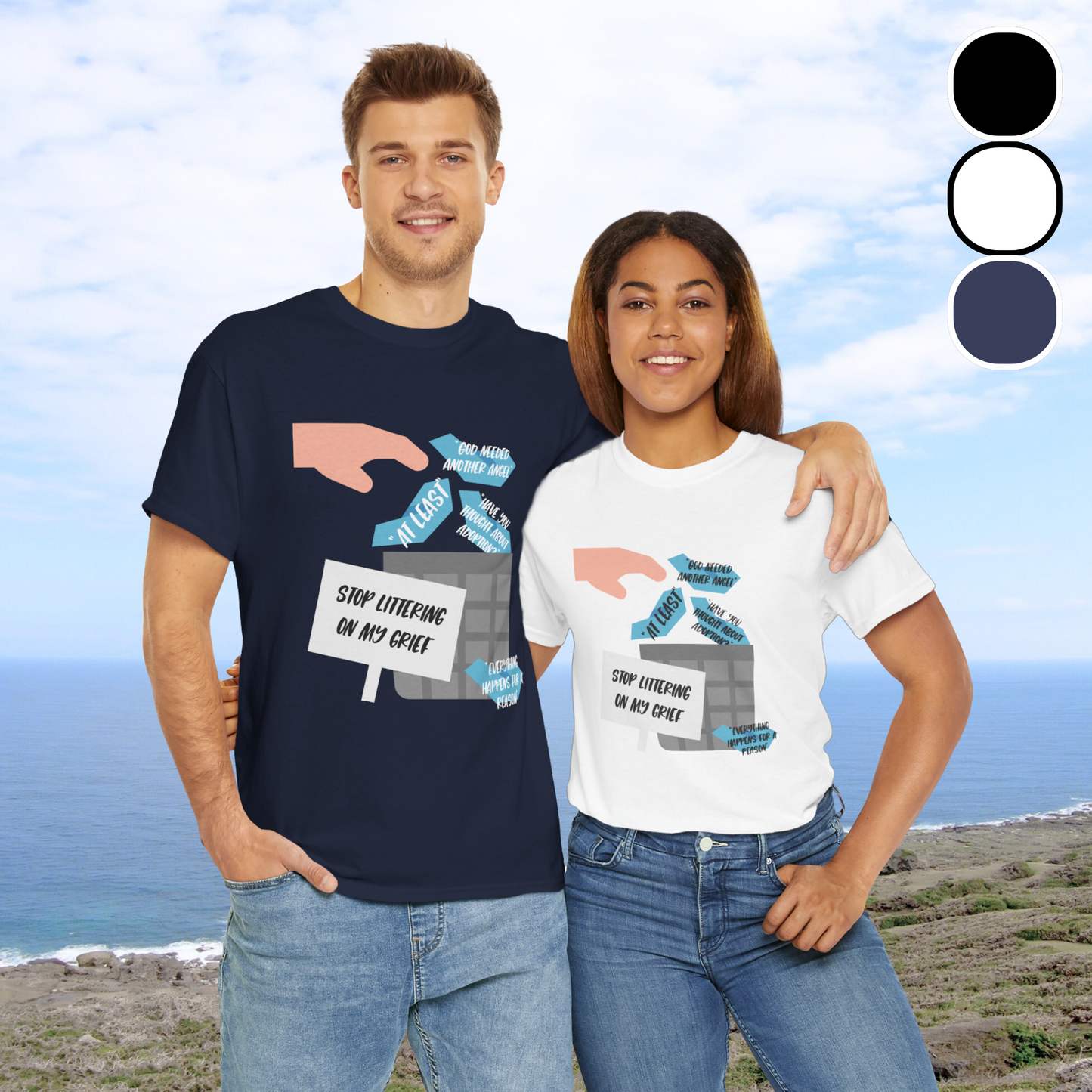Platitudes in the Trash, Stop Littering on my Grief—Grief Awareness and Education (unisex t-shirt)