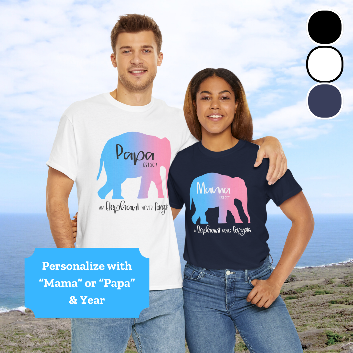 Mama/Papa Est Year Elephant Never Forgets—Baby Loss Remembrance (unisex t-shirt)