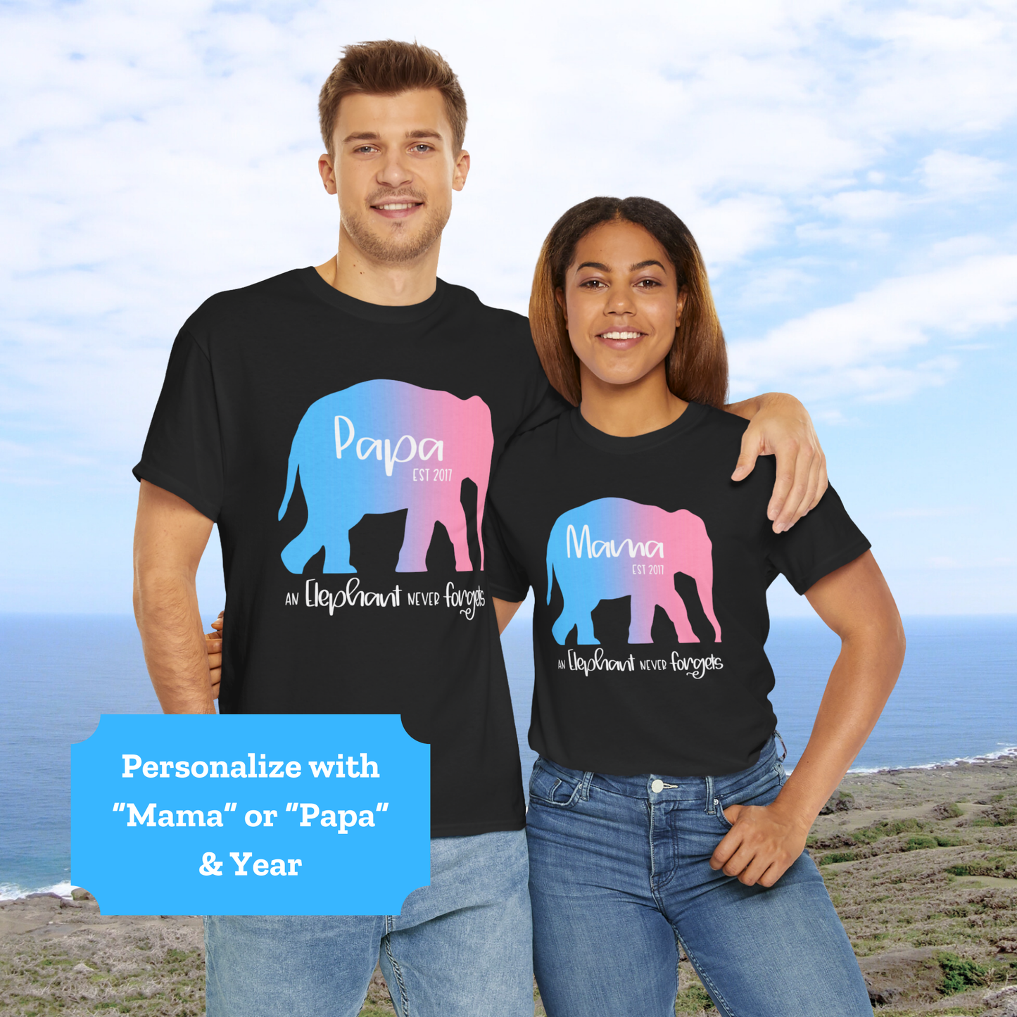 Mama/Papa Est Year Elephant Never Forgets—Baby Loss Remembrance (unisex t-shirt)