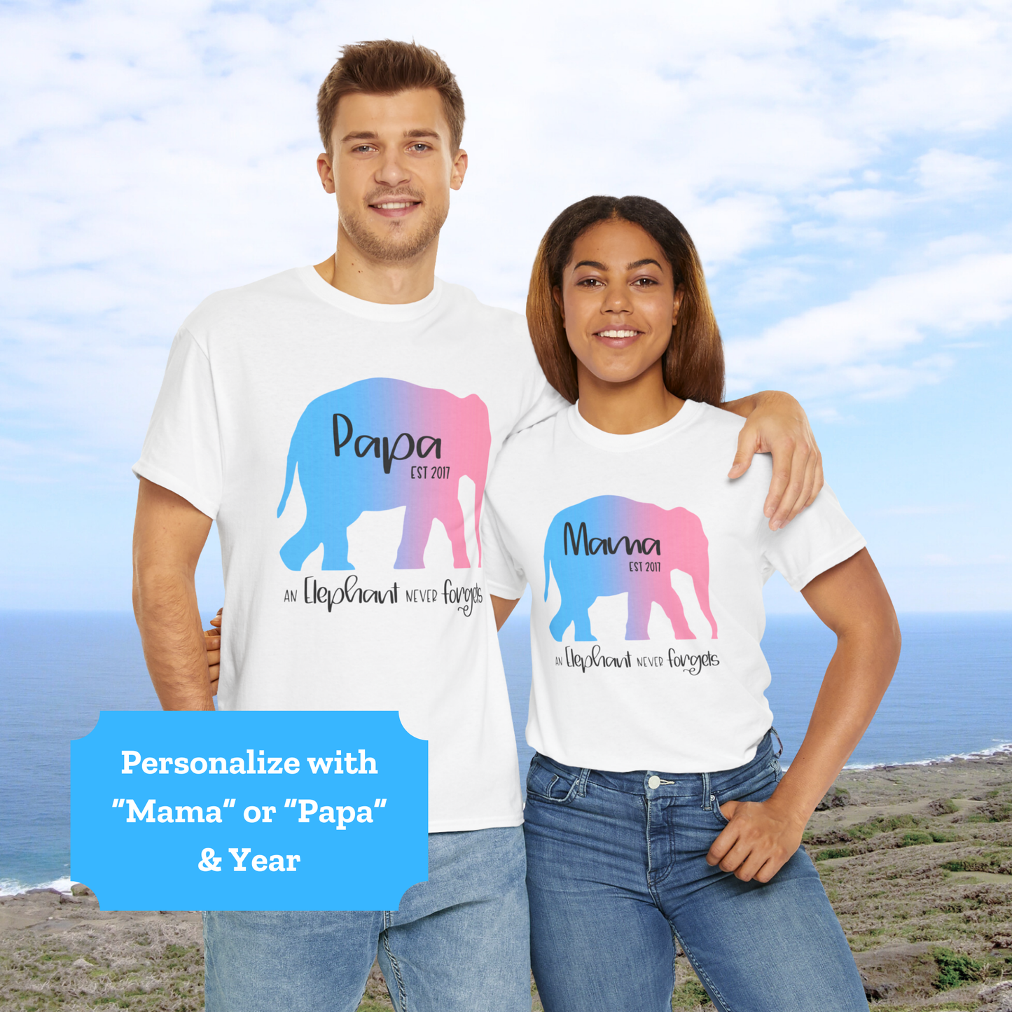 Mama/Papa Est Year Elephant Never Forgets—Baby Loss Remembrance (unisex t-shirt)