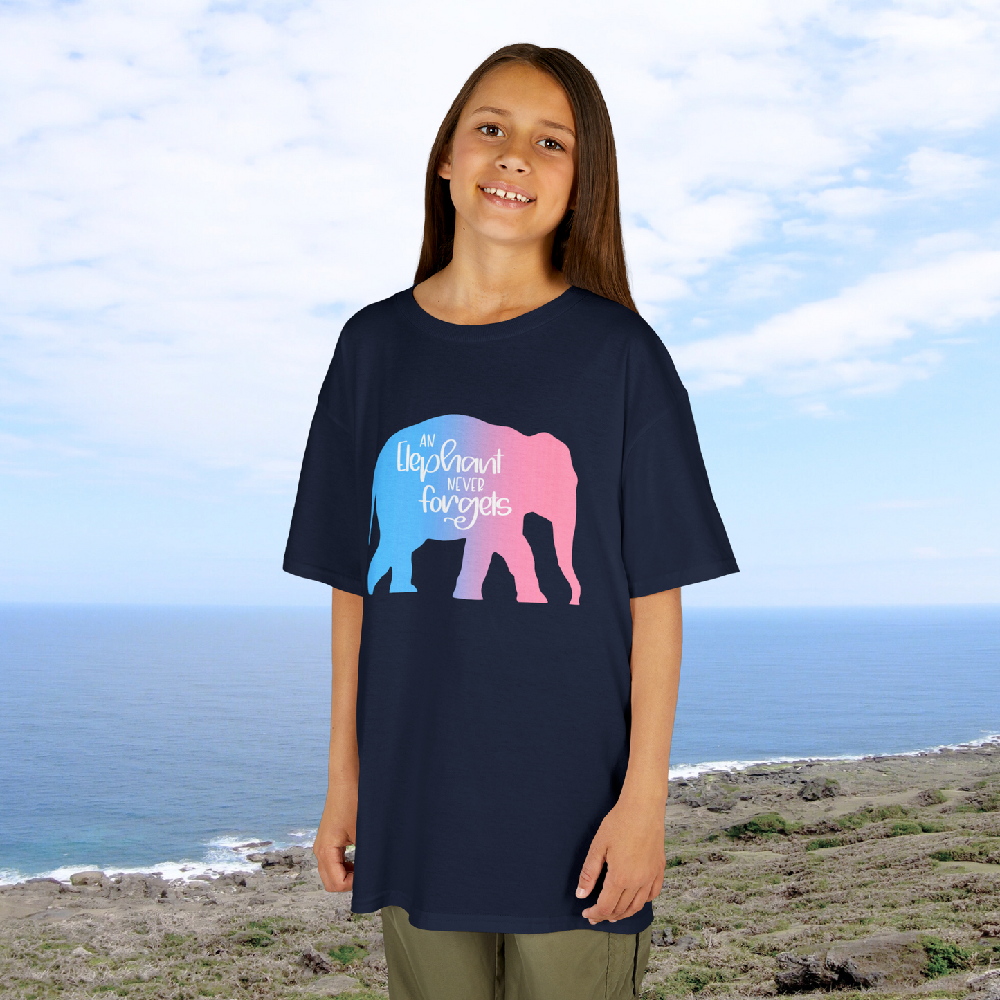Gradient Elephant Never Forgets—Baby Loss Remembrance (unisex child's t-shirt)
