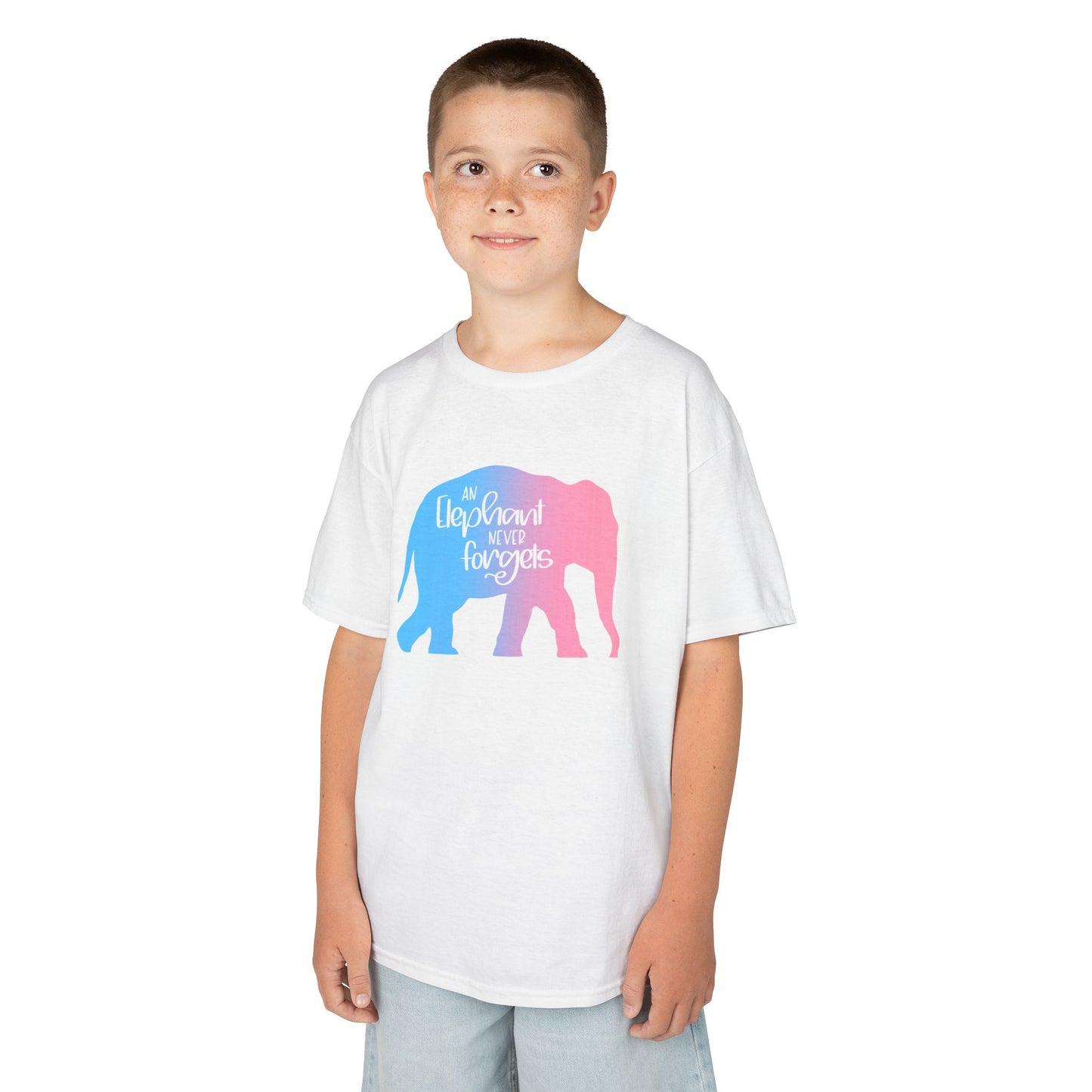 Gradient Elephant Never Forgets—Baby Loss Remembrance (unisex child's t-shirt)