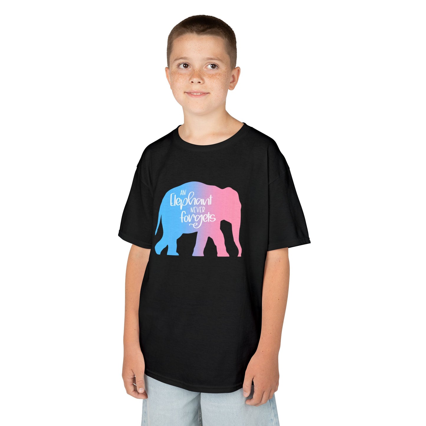 Gradient Elephant Never Forgets—Baby Loss Remembrance (unisex child's t-shirt)