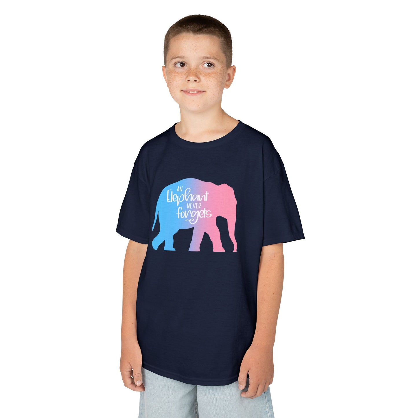 Gradient Elephant Never Forgets—Baby Loss Remembrance (unisex child's t-shirt)