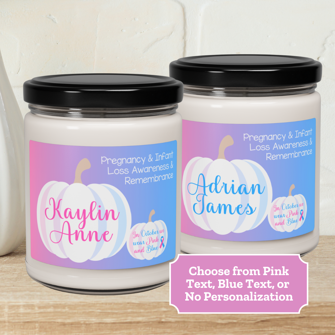 White Pumpkin In October we Wear Pink and Blue; Personalizable w/Name—Pregnancy and Infant Loss Awareness and Remembrance (9 oz soy candle)