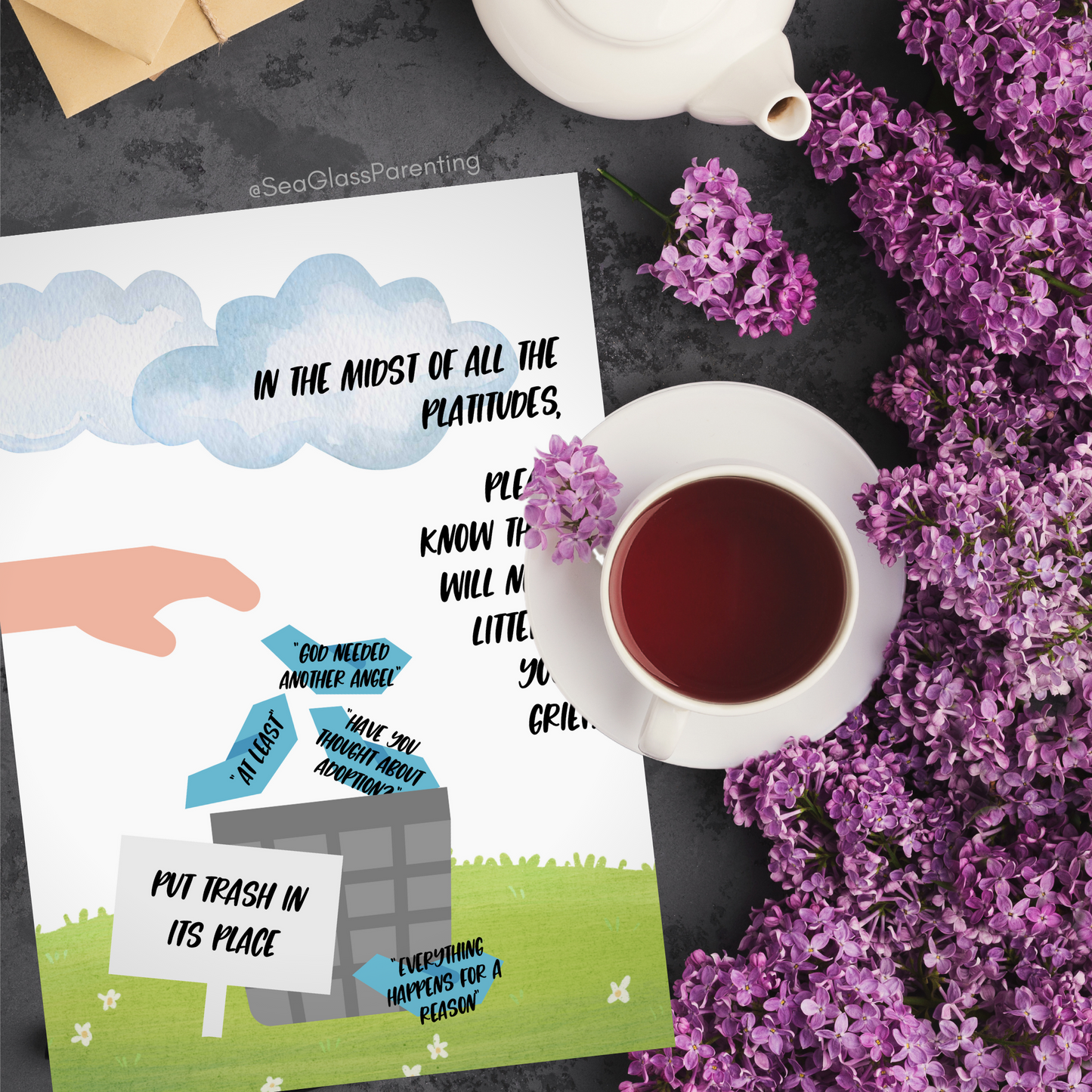 Platitudes in the Trash, I Will Never Litter on Your Grief—Grief and Loss Support (greeting card)