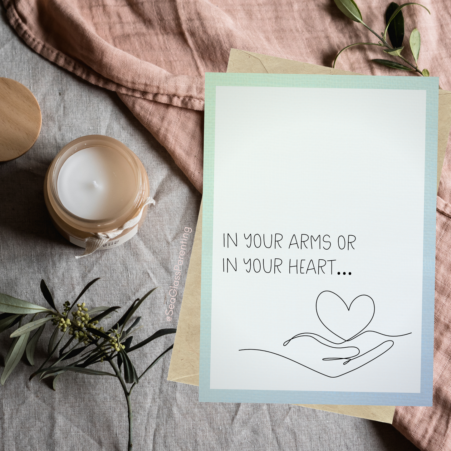 In Your Arms or in Your Heart, Honoring your Motherhood/Fatherhood w/Line Art Hand with Heart—Mothers Day, Fathers Day (greeting card)