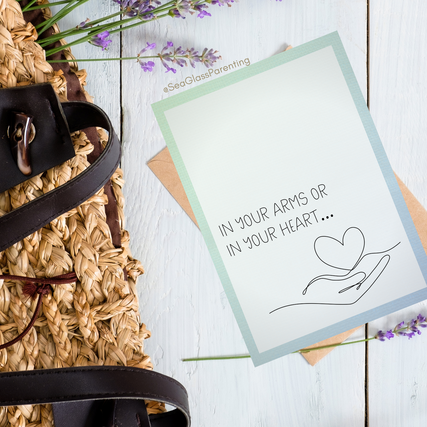 In Your Arms or in Your Heart, Honoring your Motherhood/Fatherhood w/Line Art Hand with Heart—Mothers Day, Fathers Day (greeting card)