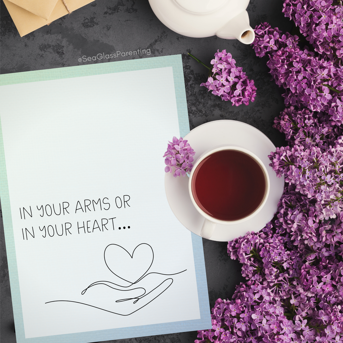 In Your Arms or in Your Heart, Honoring your Motherhood/Fatherhood w/Line Art Hand with Heart—Mothers Day, Fathers Day (greeting card)