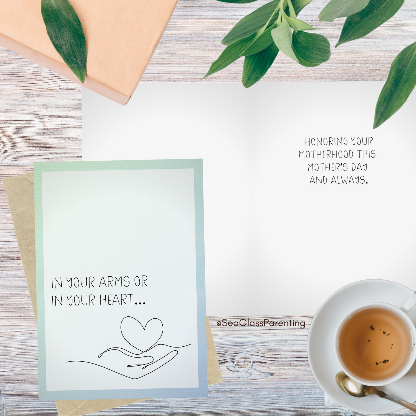In Your Arms or in Your Heart, Honoring your Motherhood/Fatherhood w/Line Art Hand with Heart—Mothers Day, Fathers Day (greeting card)