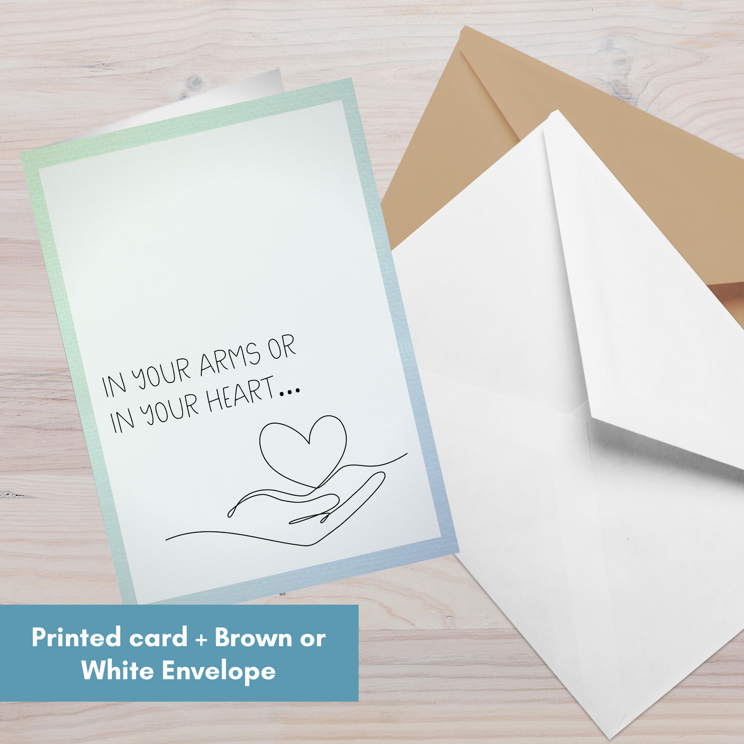 In Your Arms or in Your Heart, Honoring your Motherhood/Fatherhood w/Line Art Hand with Heart—Mothers Day, Fathers Day (greeting card)