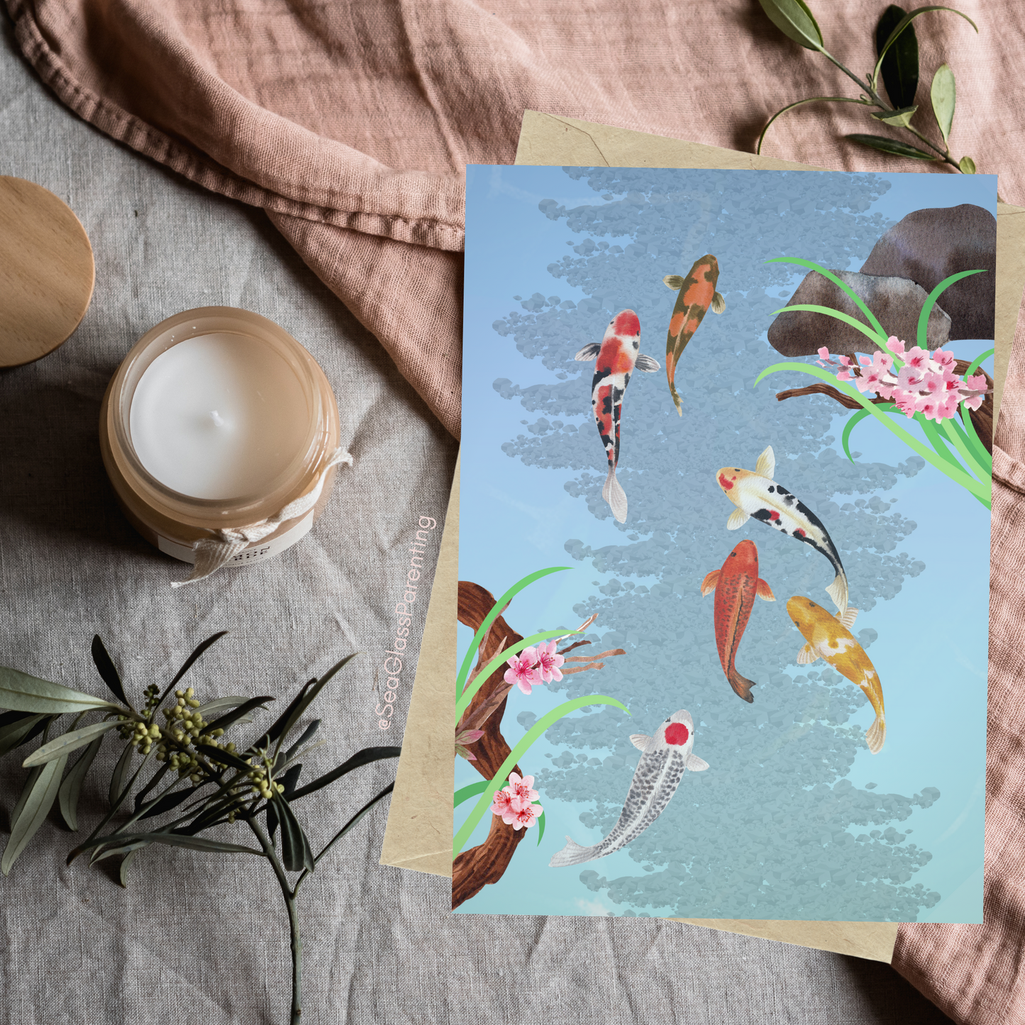 Koi Fish Swimming—Blank Inside Nature Scenery (greeting card)