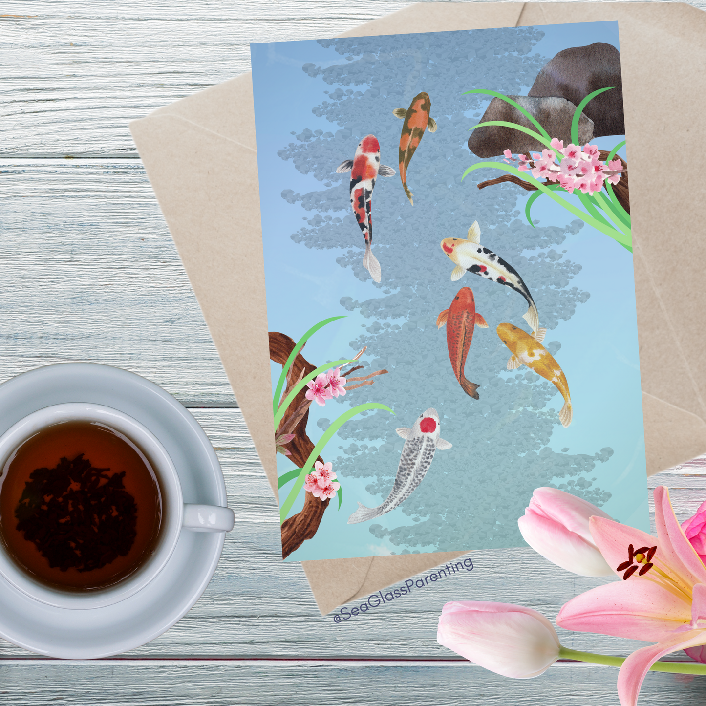 Koi Fish Swimming—Blank Inside Nature Scenery (greeting card)