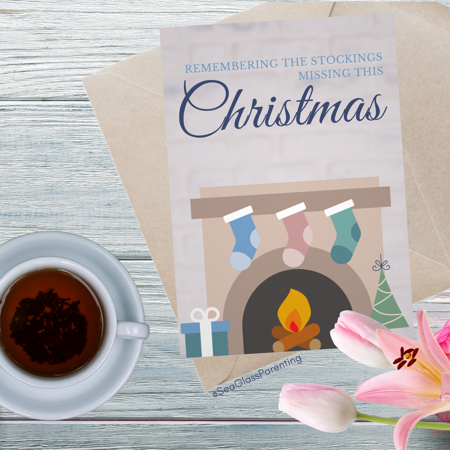 Christmas Tree & Mantle; Remembering the Stockings Missing this Christmas—Holidays after Loss (greeting card)