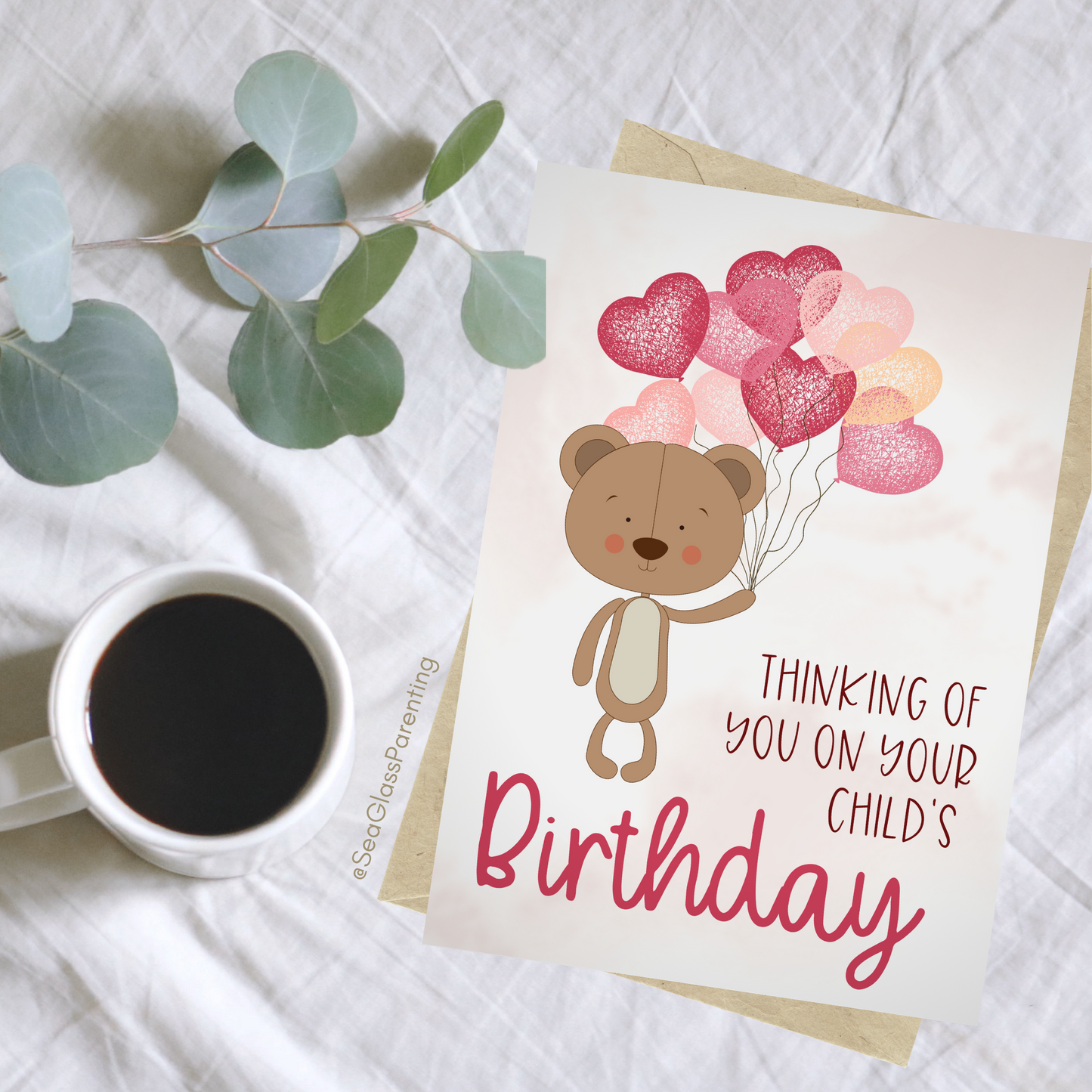 Bear w/Balloons, Thinking of You on Your Child's Birthday and Holding you Both in my Heart with Love—Baby Loss Birthday (greeting card)