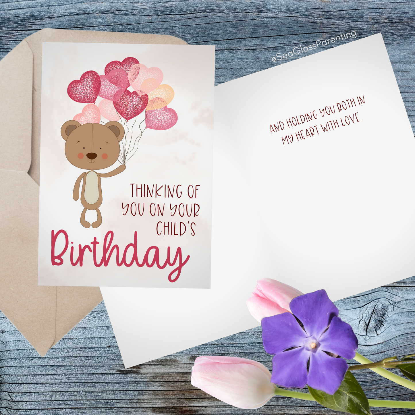 Bear w/Balloons, Thinking of You on Your Child's Birthday and Holding you Both in my Heart with Love—Baby Loss Birthday (greeting card)