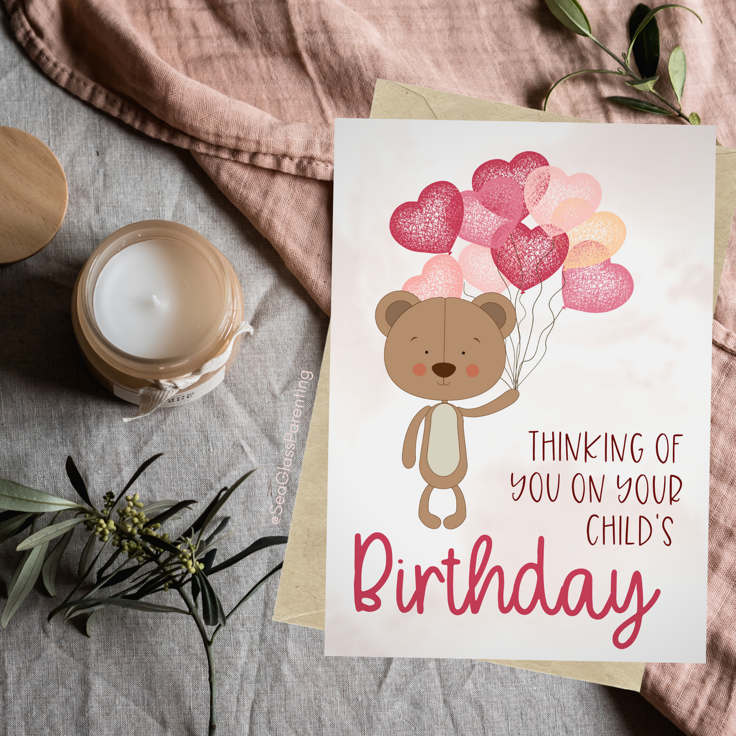 Bear w/Balloons, Thinking of You on Your Child's Birthday and Holding you Both in my Heart with Love—Baby Loss Birthday (greeting card)