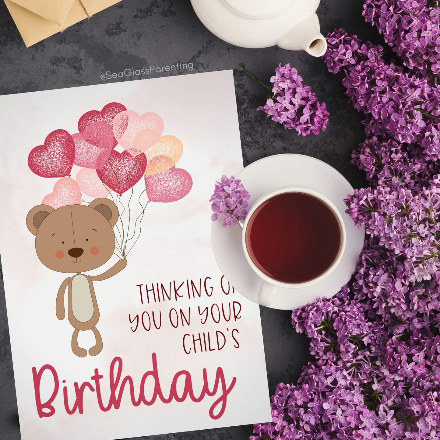 Bear w/Balloons, Thinking of You on Your Child's Birthday and Holding you Both in my Heart with Love—Baby Loss Birthday (greeting card)