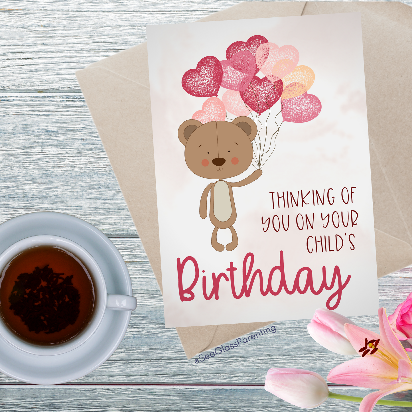 Bear w/Balloons, Thinking of You on Your Child's Birthday and Holding you Both in my Heart with Love—Baby Loss Birthday (greeting card)