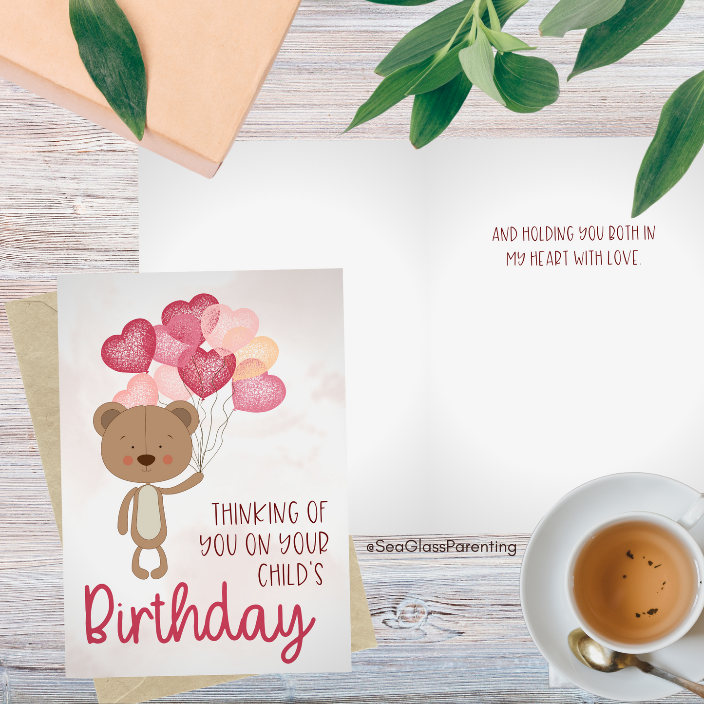 Bear w/Balloons, Thinking of You on Your Child's Birthday and Holding you Both in my Heart with Love—Baby Loss Birthday (greeting card)