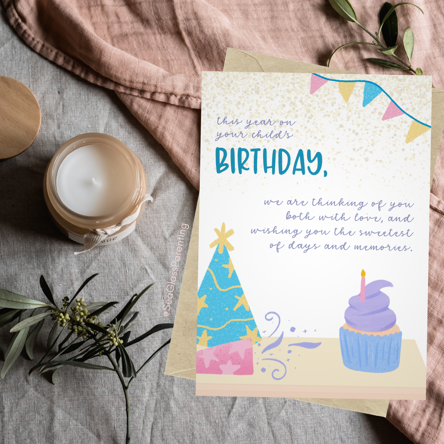 Cupcake and Streamers, This Year on Your Child's Birthday We are Thinking of You Both with Love—Baby Loss Birthday (greeting card)