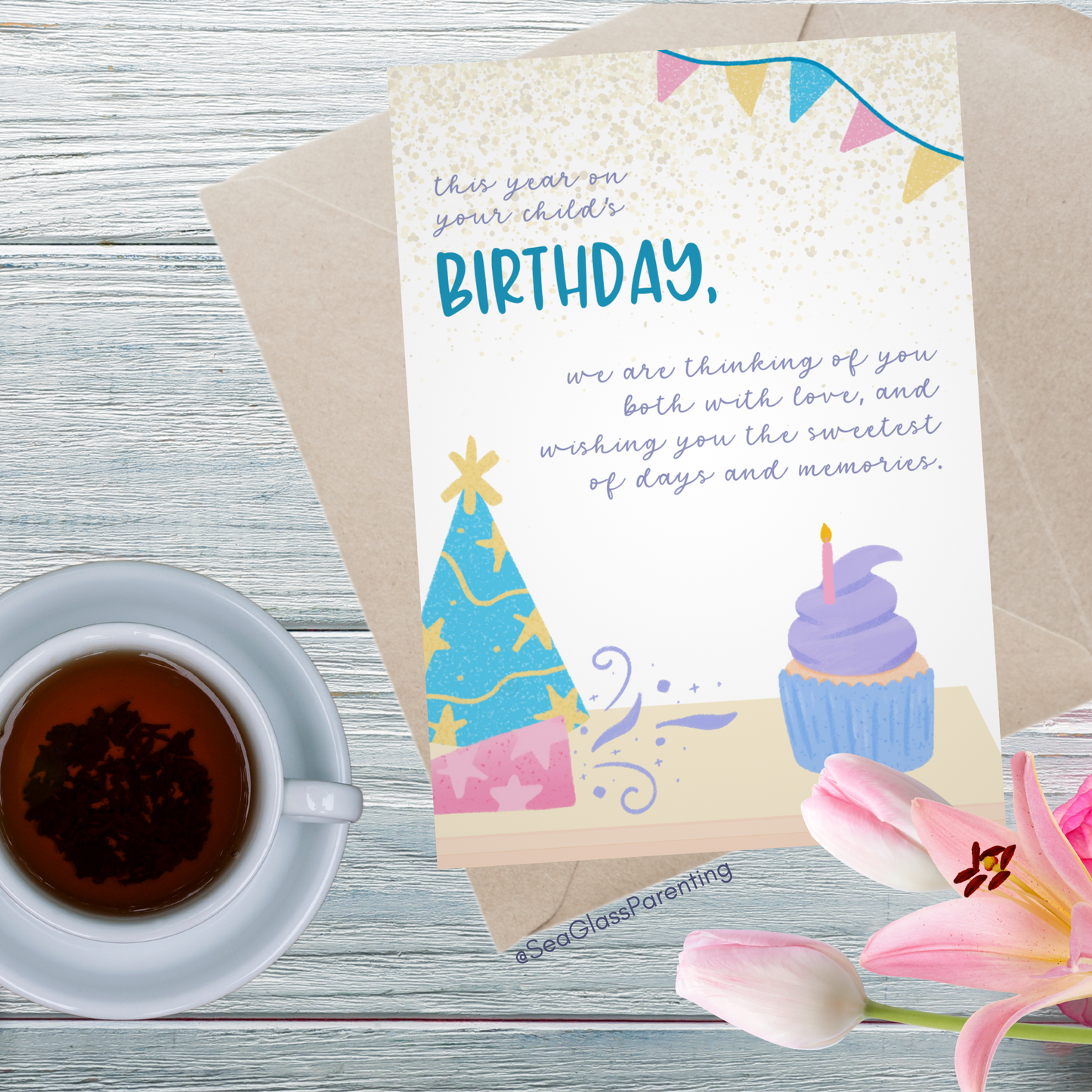Cupcake and Streamers, This Year on Your Child's Birthday We are Thinking of You Both with Love—Baby Loss Birthday (greeting card)