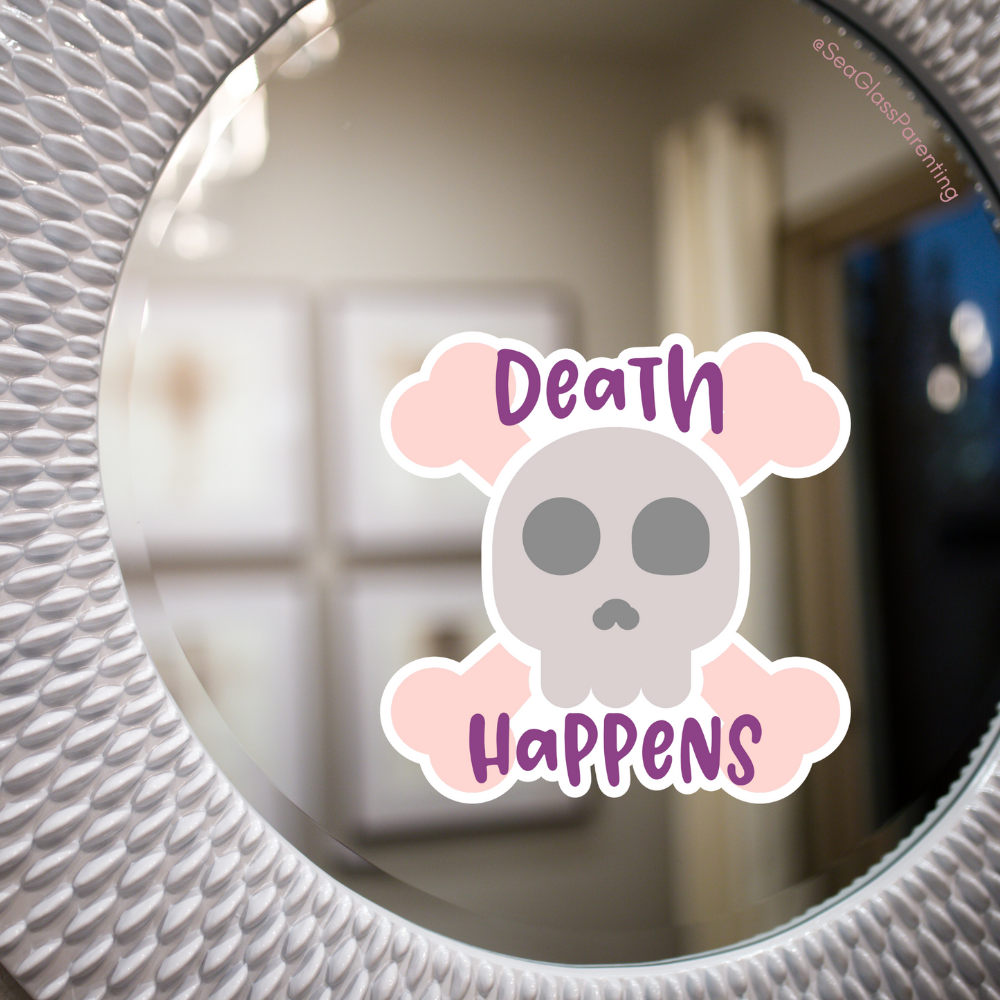 Death Happens w/Cartoon Skull—Death Positivity (vinyl sticker)