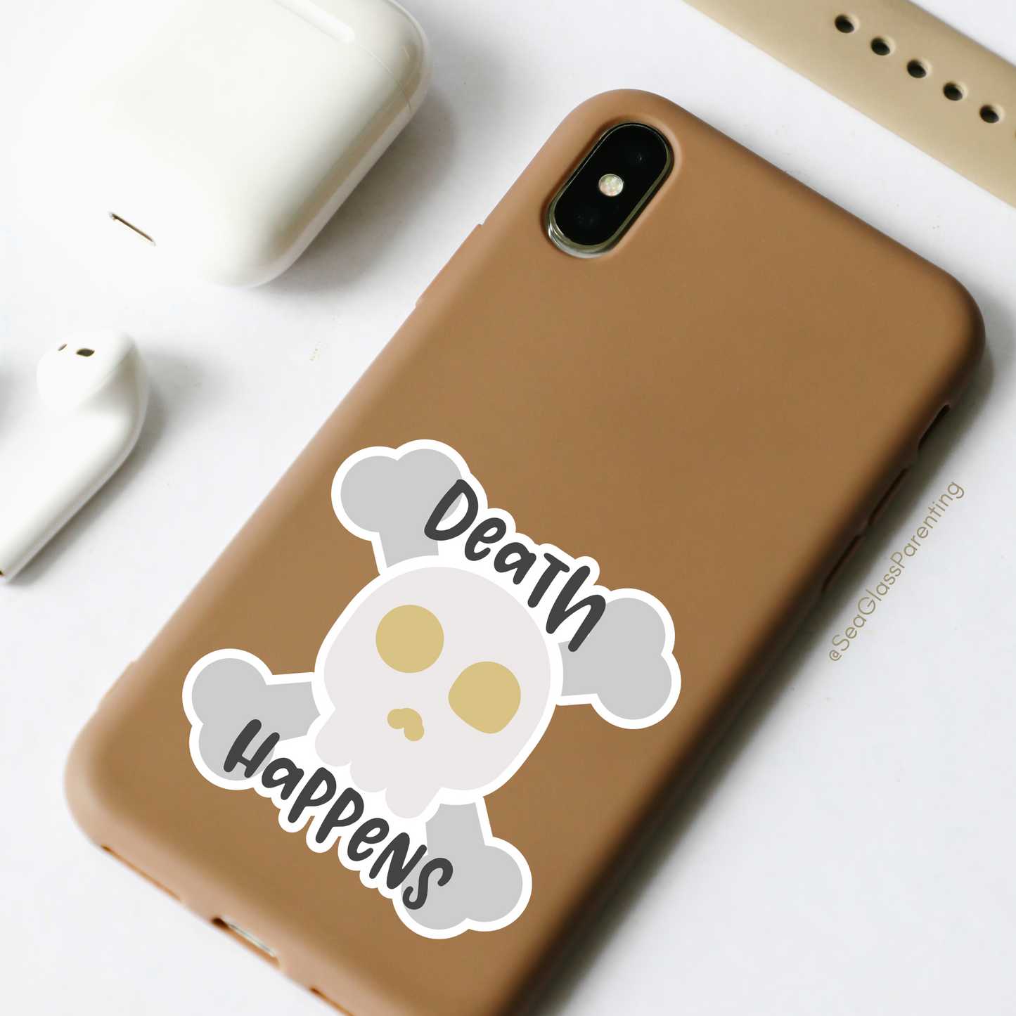 Death Happens w/Cartoon Skull—Death Positivity (vinyl sticker)