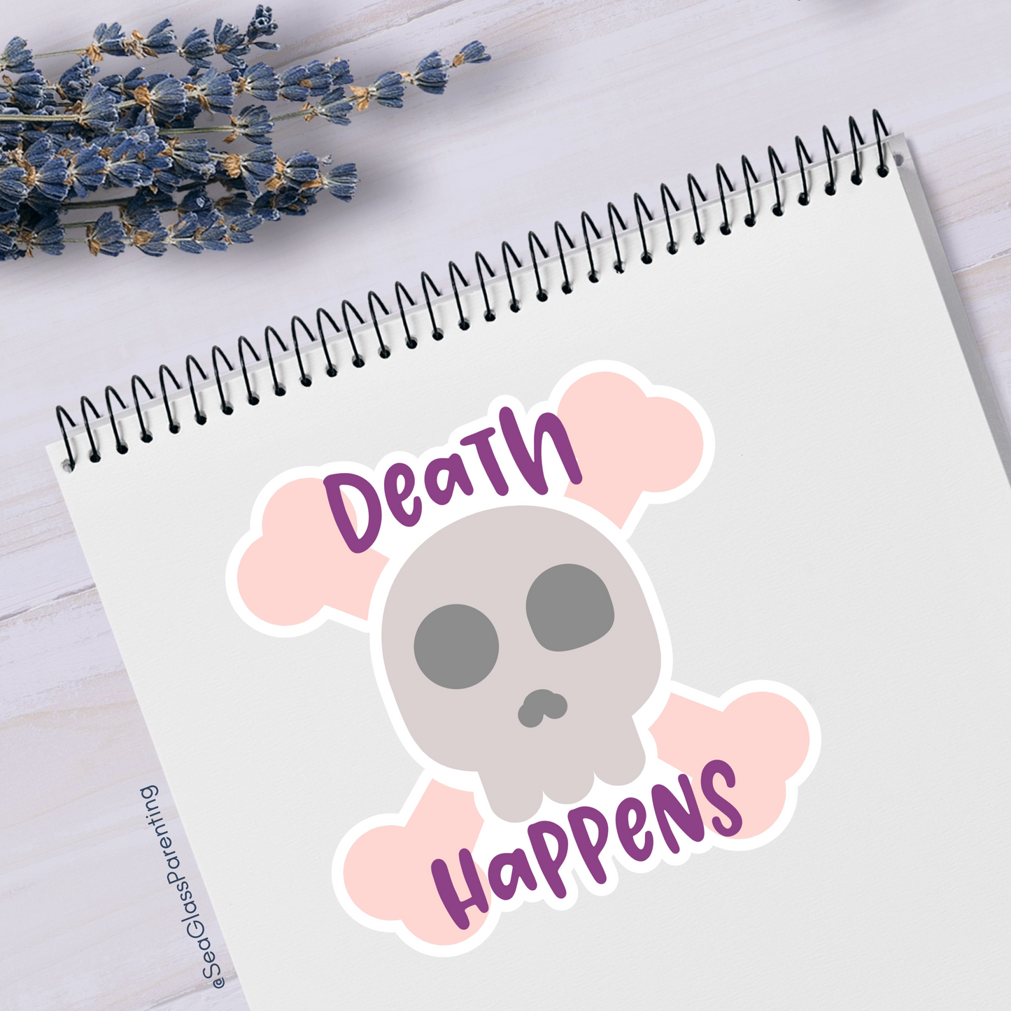 Death Happens w/Cartoon Skull—Death Positivity (vinyl sticker)